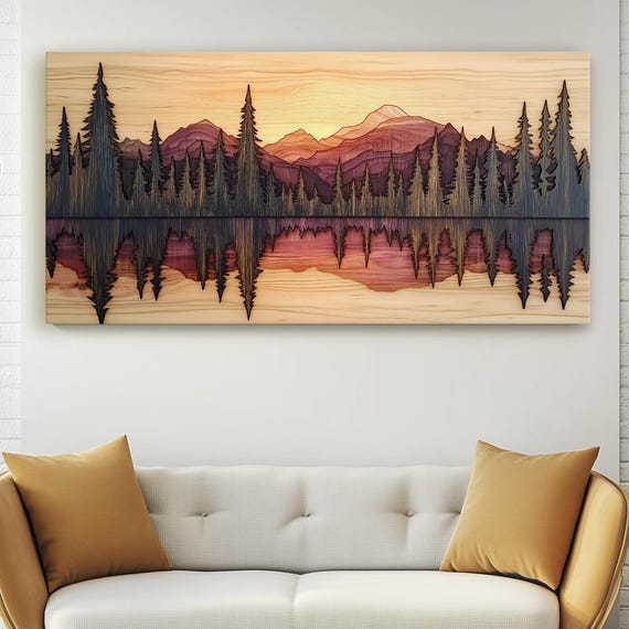 Misty Lake At Dawn Layered Wood Style Canvas Tranquil Textured Reflection Handcrafted Nature Woodwork Rustic Cabin Giclee Fine Art Print