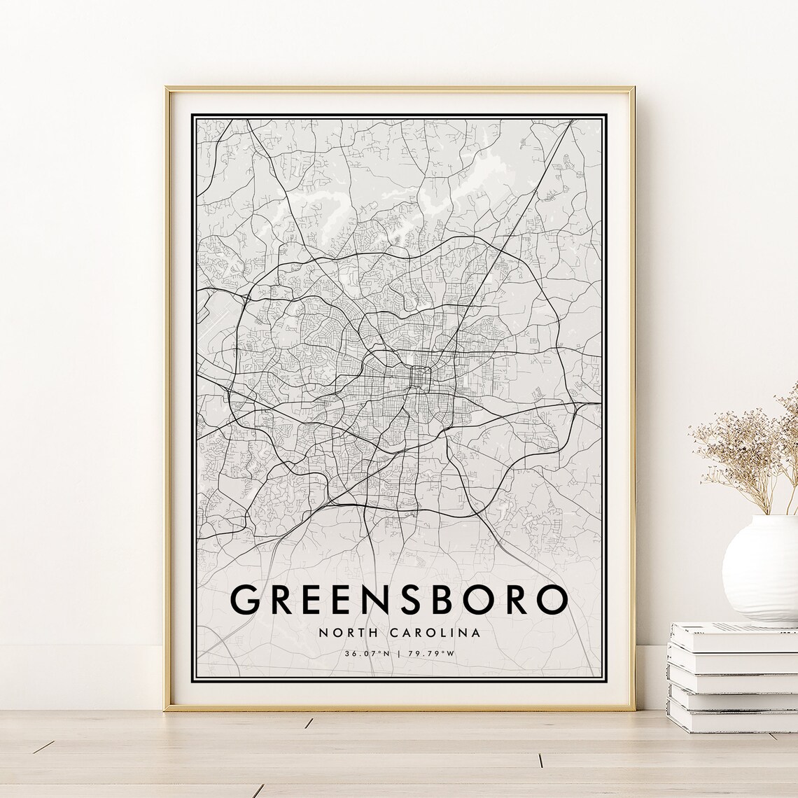 Greensboro North Carolina Minimalist City Map Black White Street Line Poster
