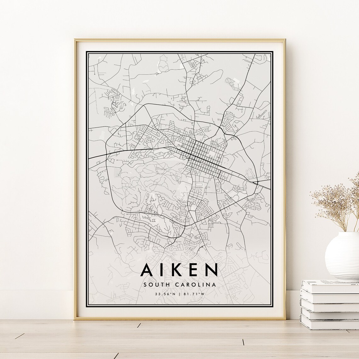 Aiken South Carolina Minimalist Black White City Street Map Poster