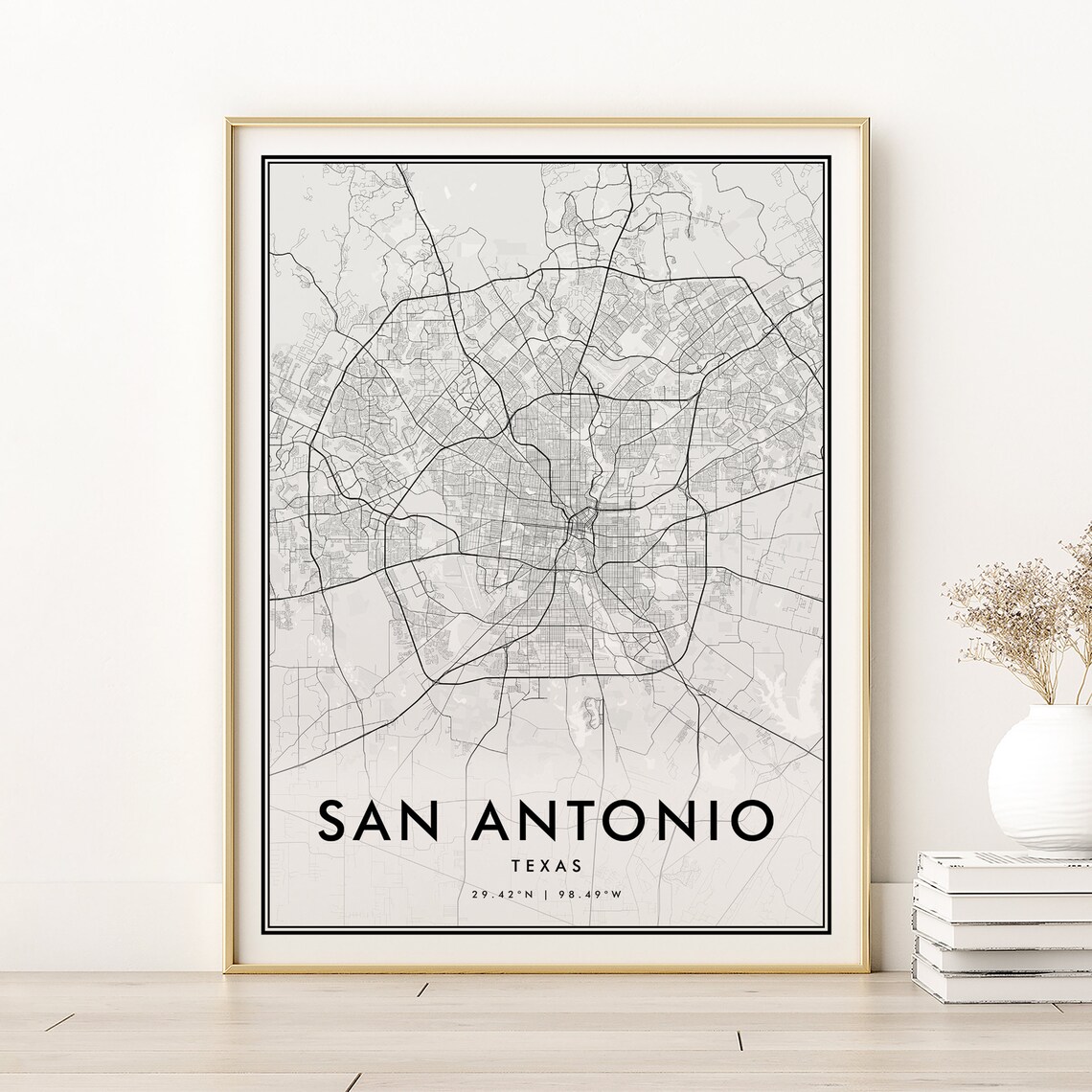 San Antonio Texas Minimalist Black White City Street Map Poster