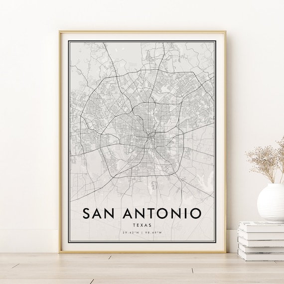 San Antonio Texas Minimalist Black White City Street Map Poster