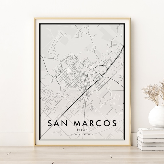 San Marcos Texas Minimalist City Map Black and White Street Line Poster