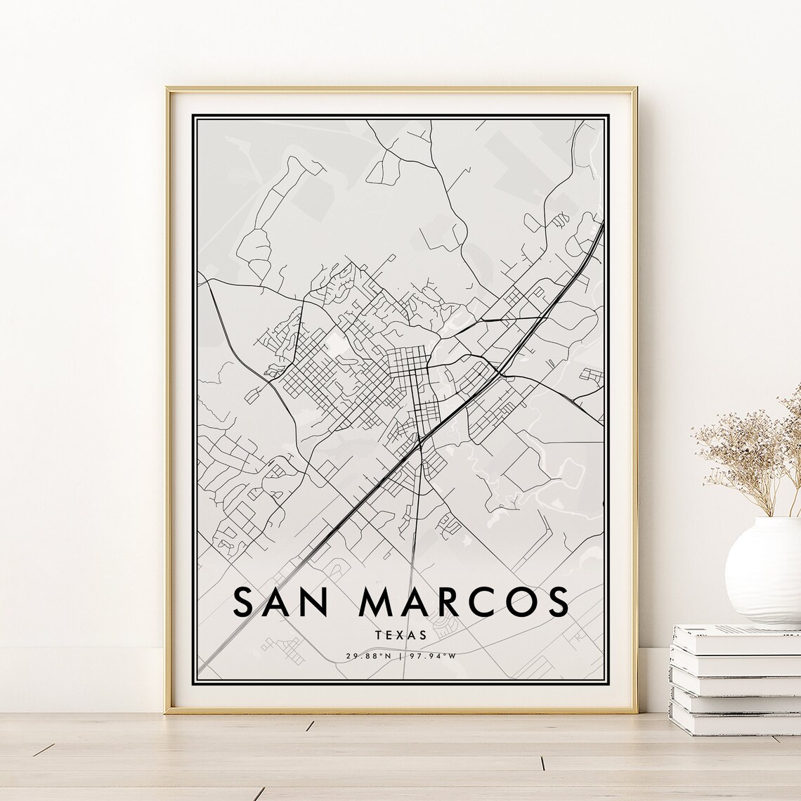 San Marcos Texas Minimalist City Map Black and White Street Line Poster