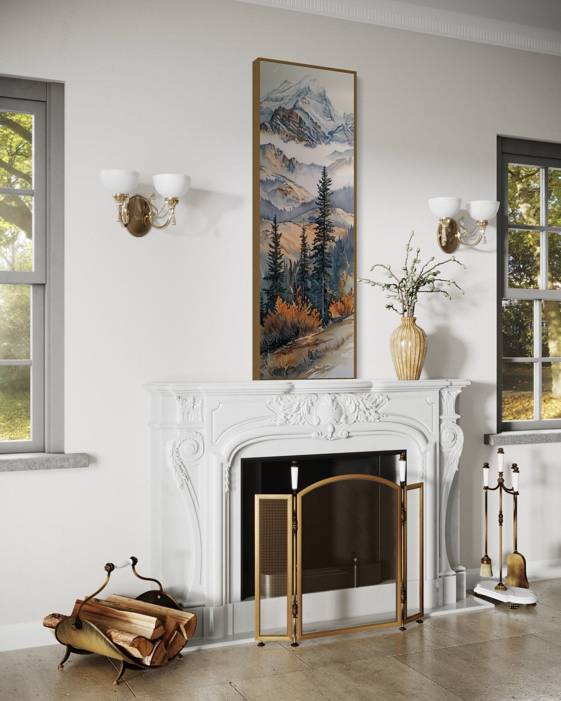 Misty Snowy Mountain Peaks Pine Forest Autumn Vertical Wall Art - Image 4