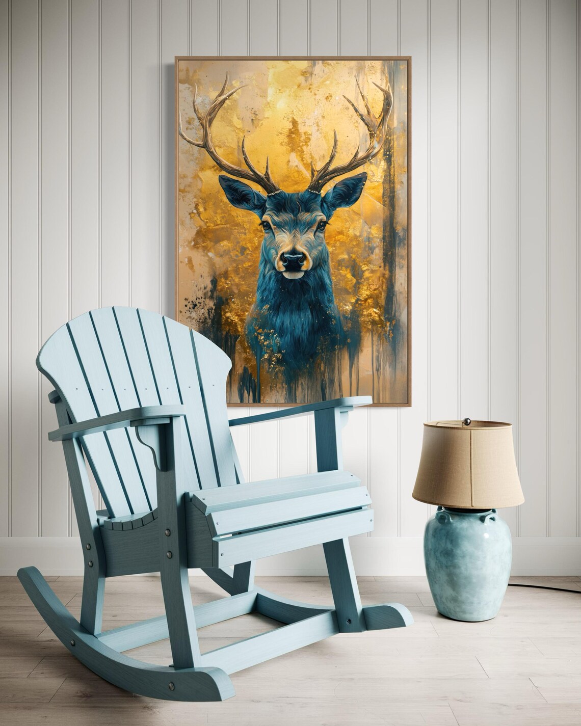 Blue Deer Art Print, Golden Background Rustic Poster - Image 2