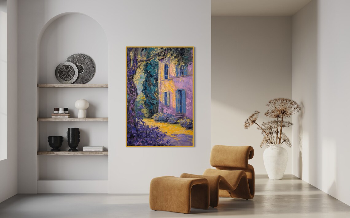 Purple Violet Country House Blue Shutters Impasto Village Art Poster - Image 2
