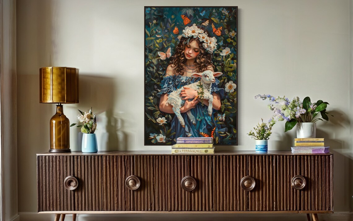 Girl Portrait Print With Lamb Blooming Garden Butterfly Poster For Teen Girl Room Decor - Image 3