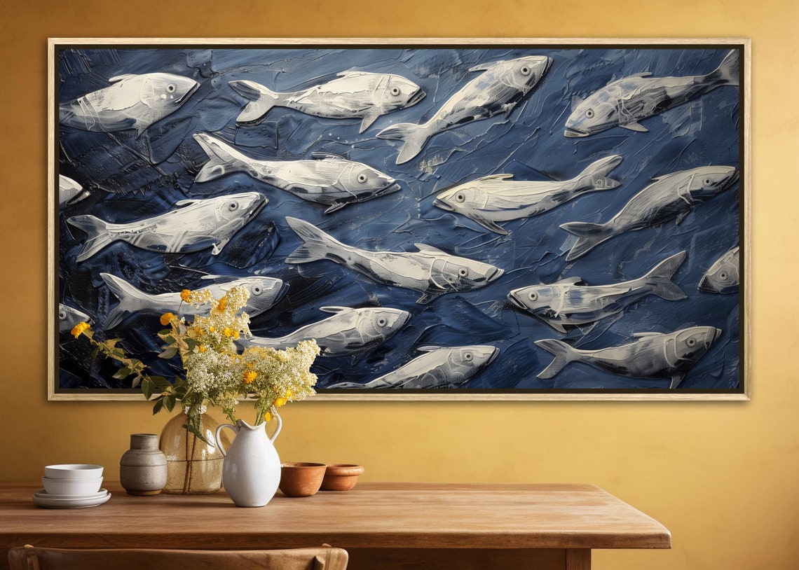 School of Fish White Navy Textured Underwater Ocean Art Print - Image 3