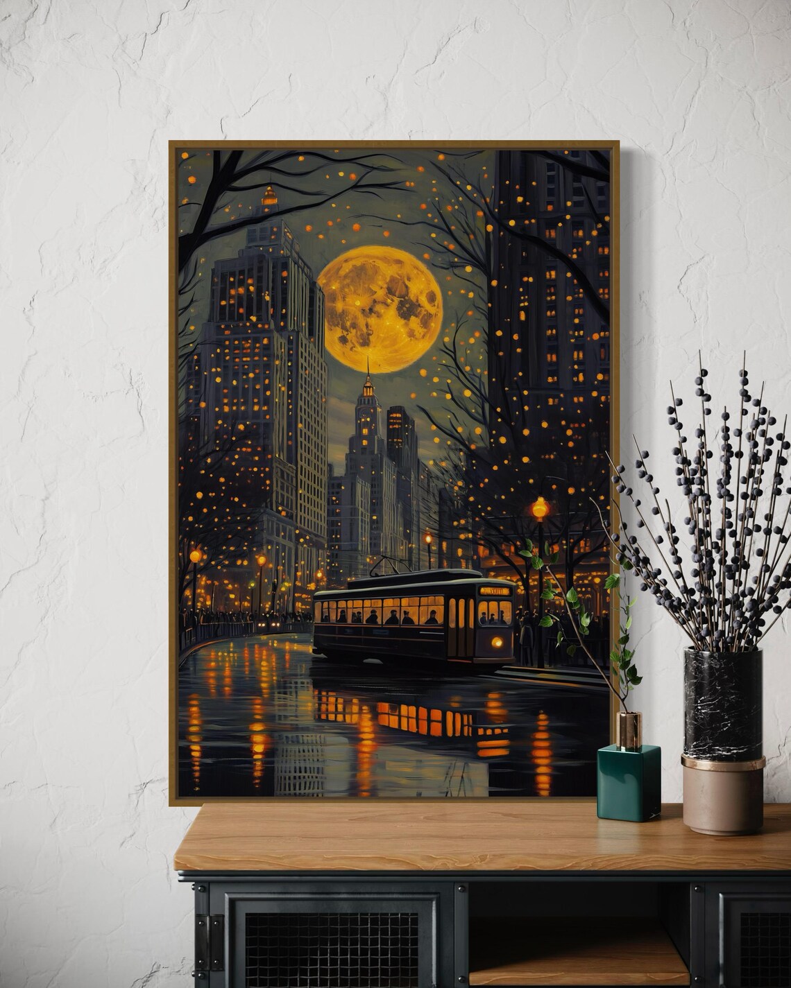 Night Cityscape Full Moon Rainy Tram Street Golden Lights Poster - Image 3
