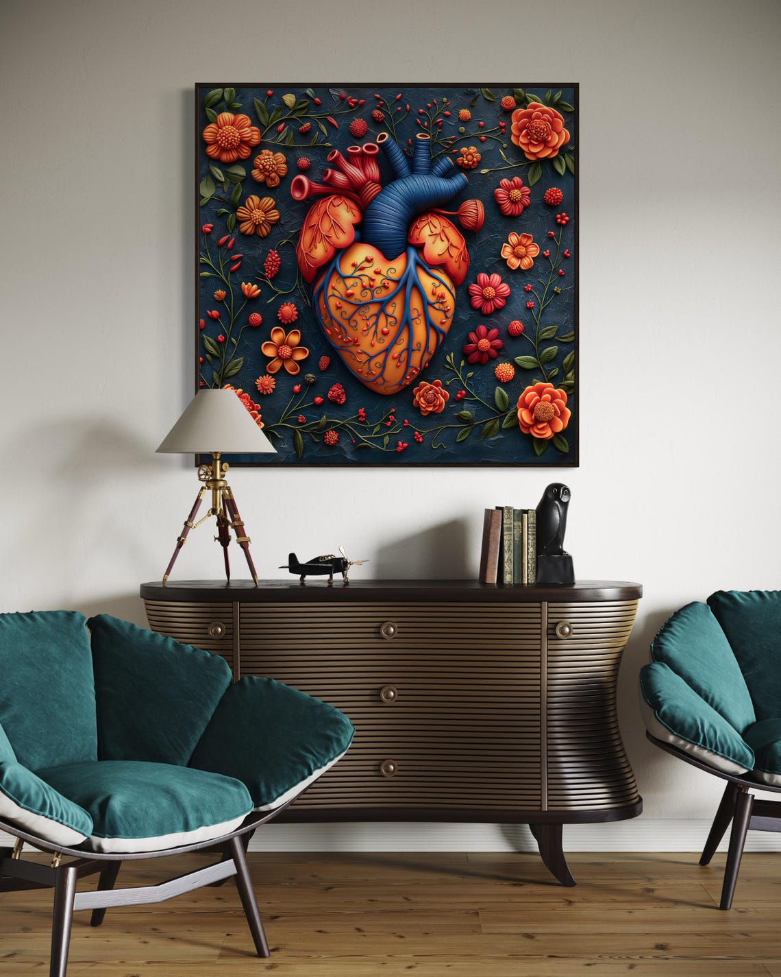 Vibrant Anatomical Heart Sculpted Floral Art Bold Botanical Poster - Image 3