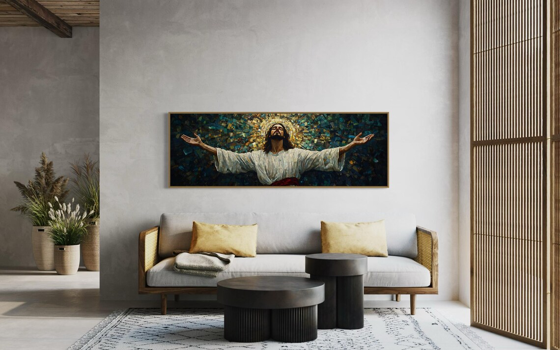 Jesus Christ Open Arms Mosaic Divine Golden Light Spiritual Faith Panoramic Print - Image 3
