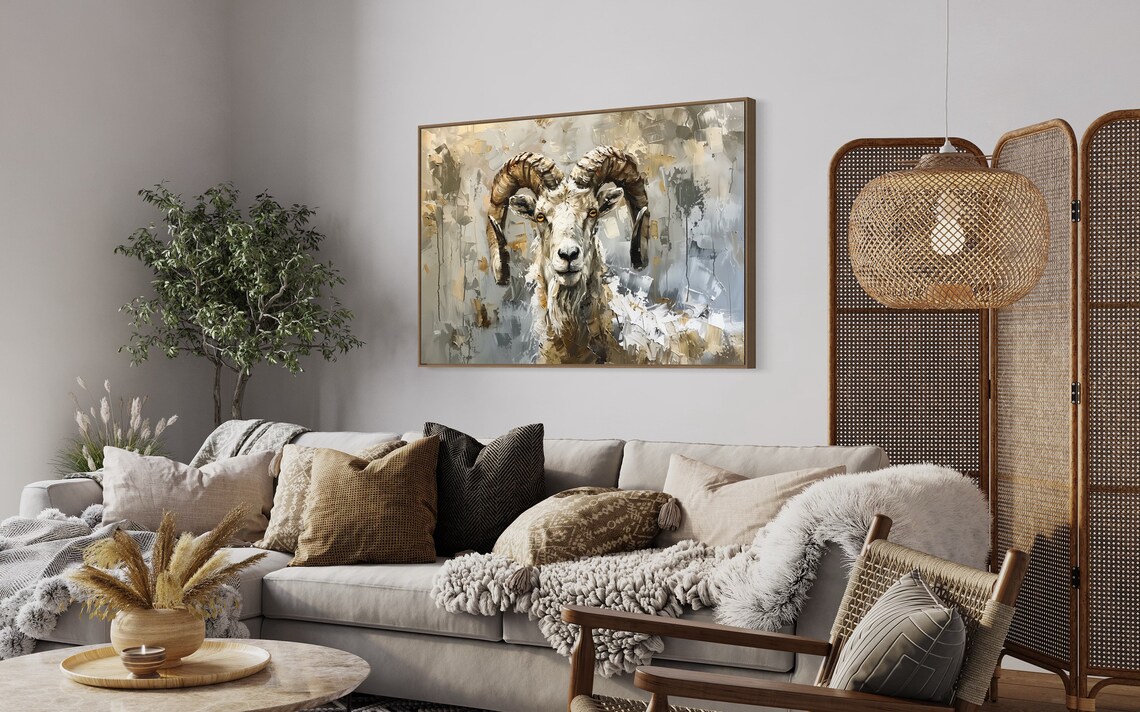 Big Horn Ram Portrait Neutral Tones Wildlife Painting Wall Art - Image 3