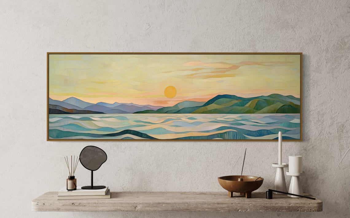 Minimalist Ocean Sunset Waves Pastel Tones Panoramic Serene Wall Print - Image 5