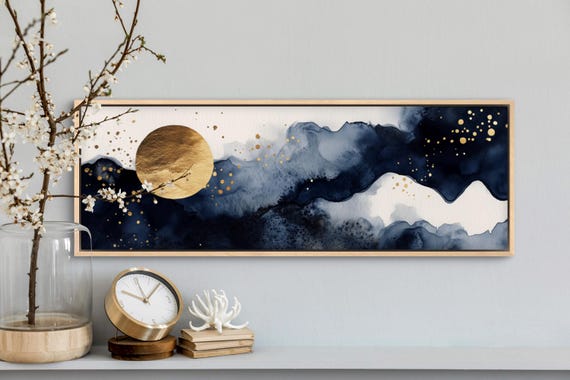 Abstract Watercolor Wall Art Navy White And Gold Art Print With Geometric Waves Modern Luxury Design For Panoramic Or Above Bed Decor