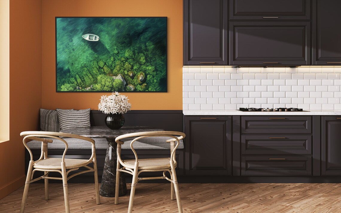 Emerald Escape Boat Art Print, Modern Lake House Decor - Image 5