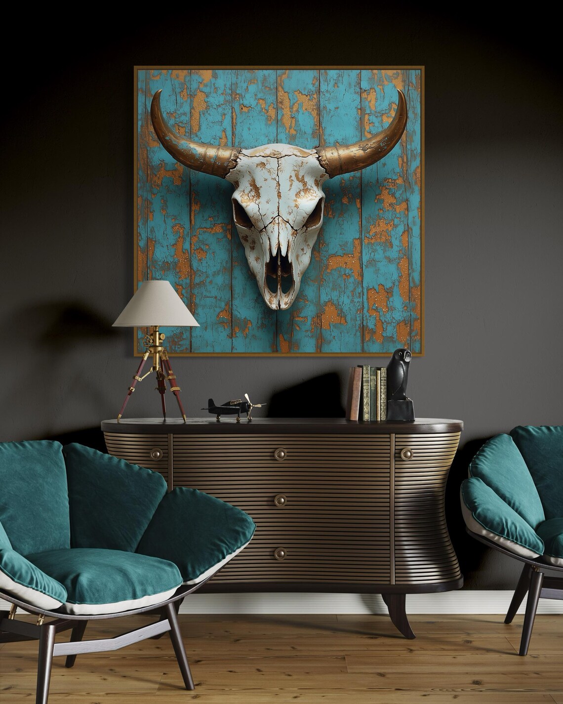Rustic Bull Skull Gold Horns Turquoise Distressed Wood Southwest Art Print - Image 4