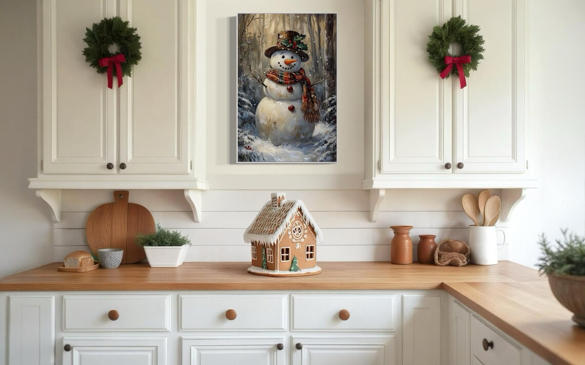 Vintage Snowman Christmas Art Print, Rustic Cabin Decor - Image 3