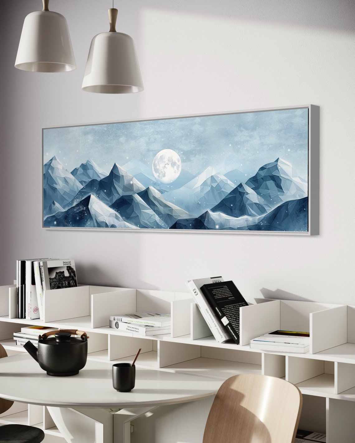Geometric Low Poly Snowy Mountains Full Moon Panoramic Art Poster - Image 5