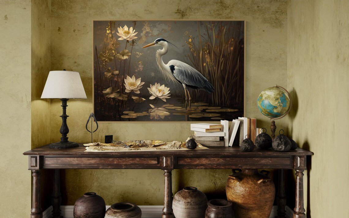 Elegant Heron Art Print, Serene Lily Pond Decor - Image 2
