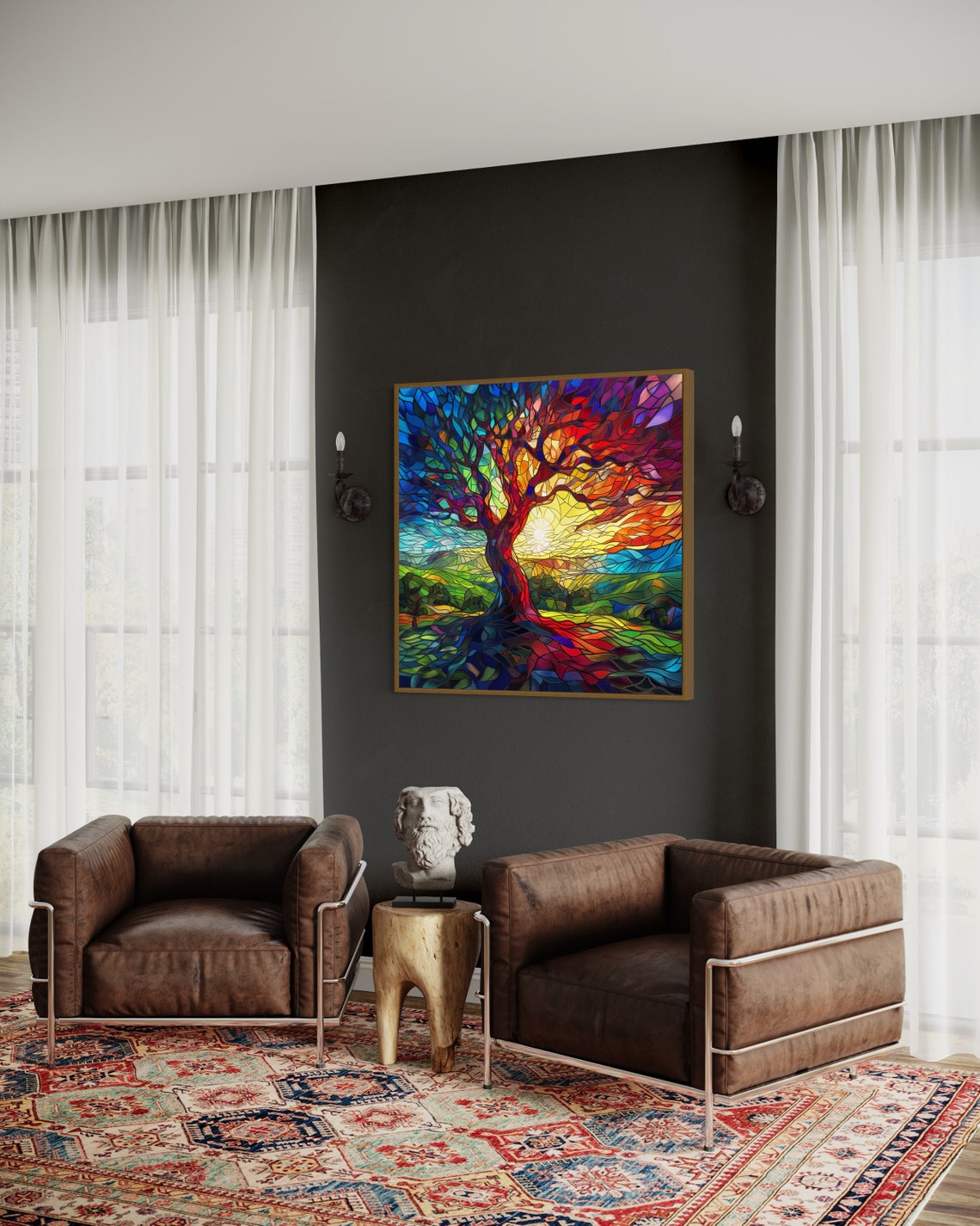Rainbow Stained Glass Tree Of Life Mosaic With Bright Sun Print - Image 2