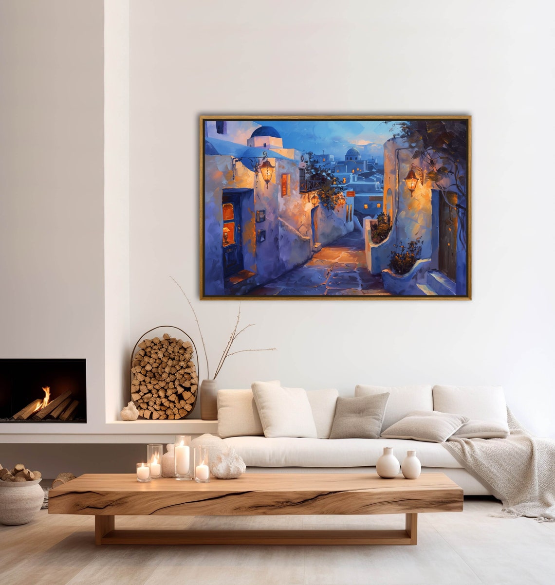 Santorini Greece Blue Hour Whitewashed Alley Lantern Lights Poster - Image 2