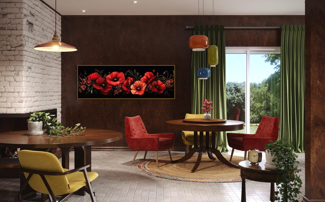 Bold Red Poppy Floral Dark Background Panoramic Elegant Poster - Image 2
