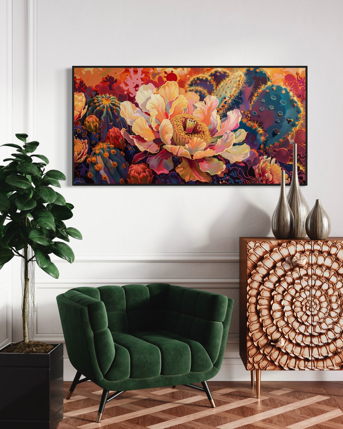 Blooming Desert Flower Prickly Pear Cactus Blossom Panoramic Art Print - Image 3