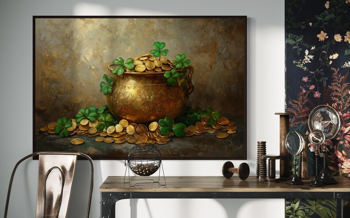 Golden Pot Of Coins Irish Luck, Shamrock Art Print - Image 2