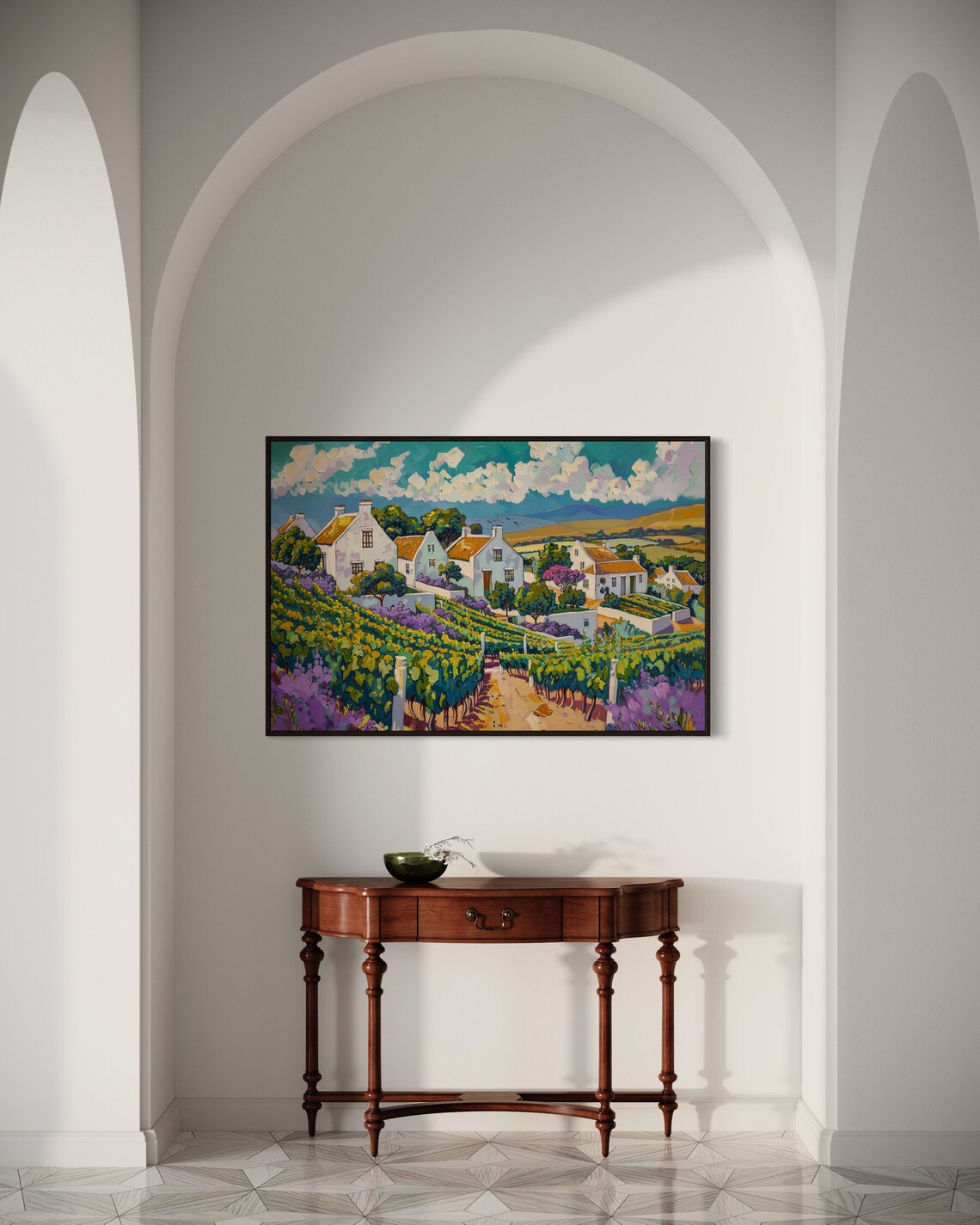 Sunny Vineyard Village White Houses Rolling Hills Colorful Landscape Poster - Image 3