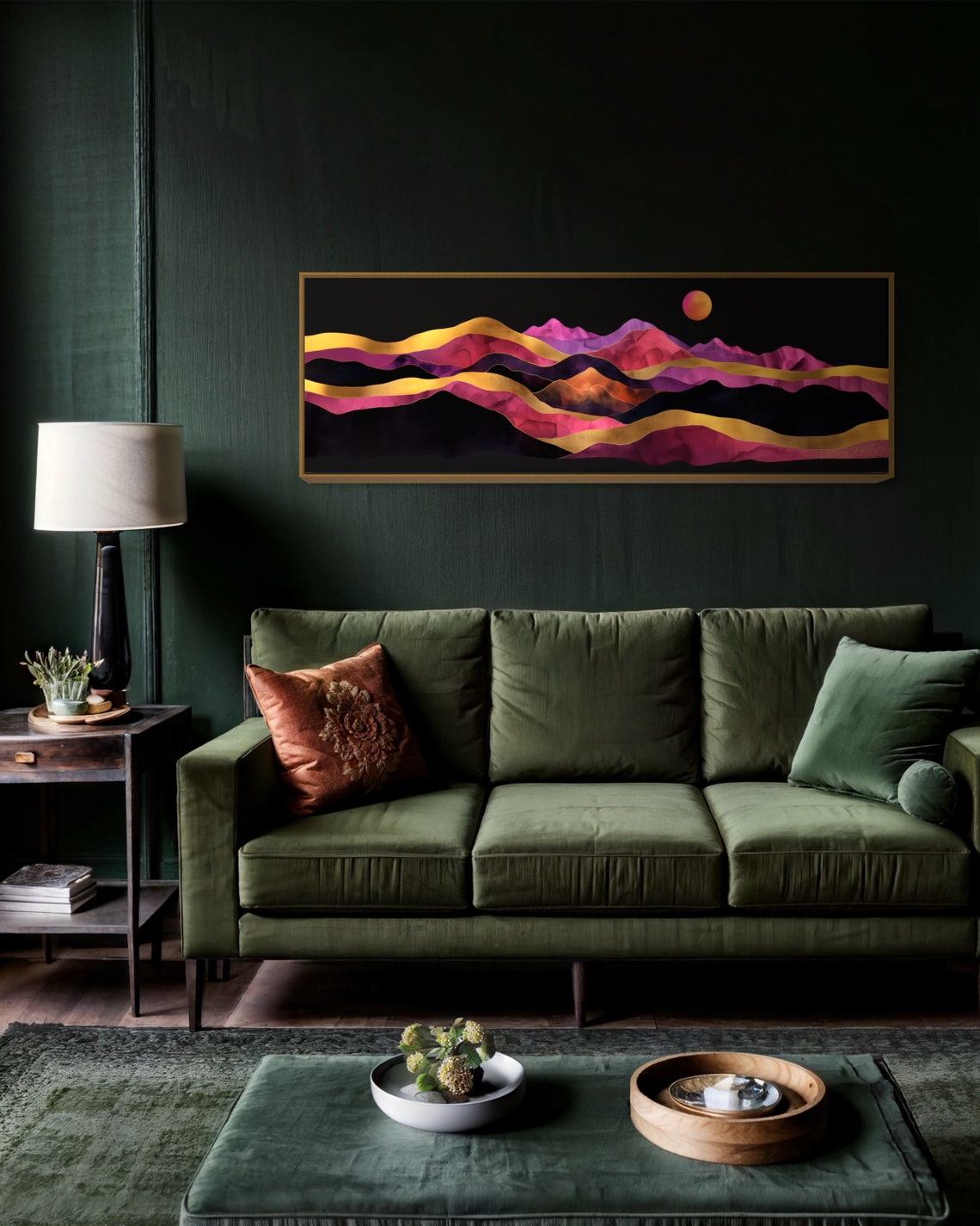 Pink Gold Abstract Layered Mountain Night Sky Panoramic Art Print - Image 4