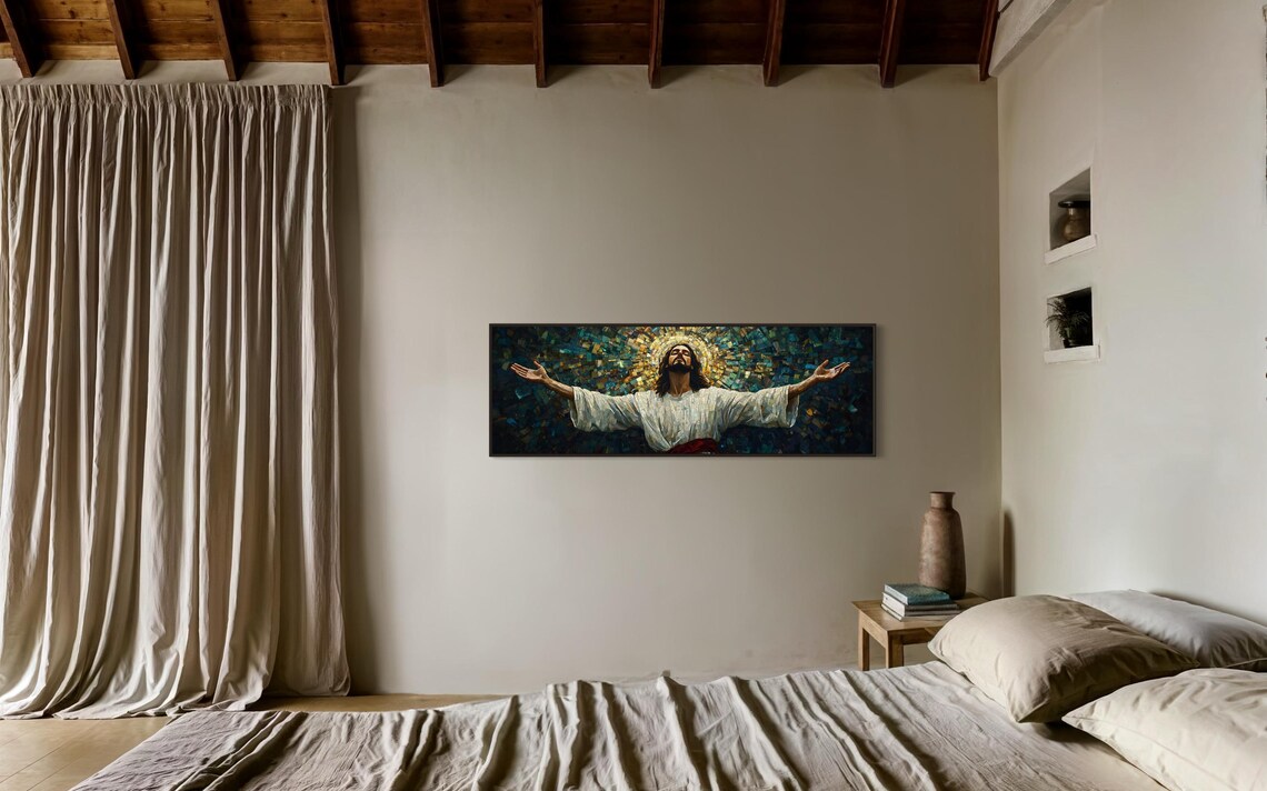Jesus Christ Open Arms Mosaic Divine Golden Light Spiritual Faith Panoramic Print - Image 2