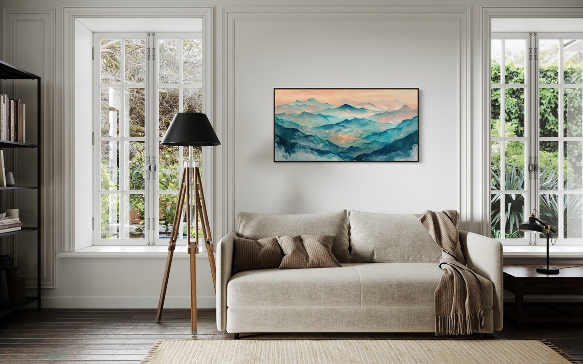 Misty Blue Mountain Peaks Peach Dawn Sky Layered Panoramic Poster - Image 4