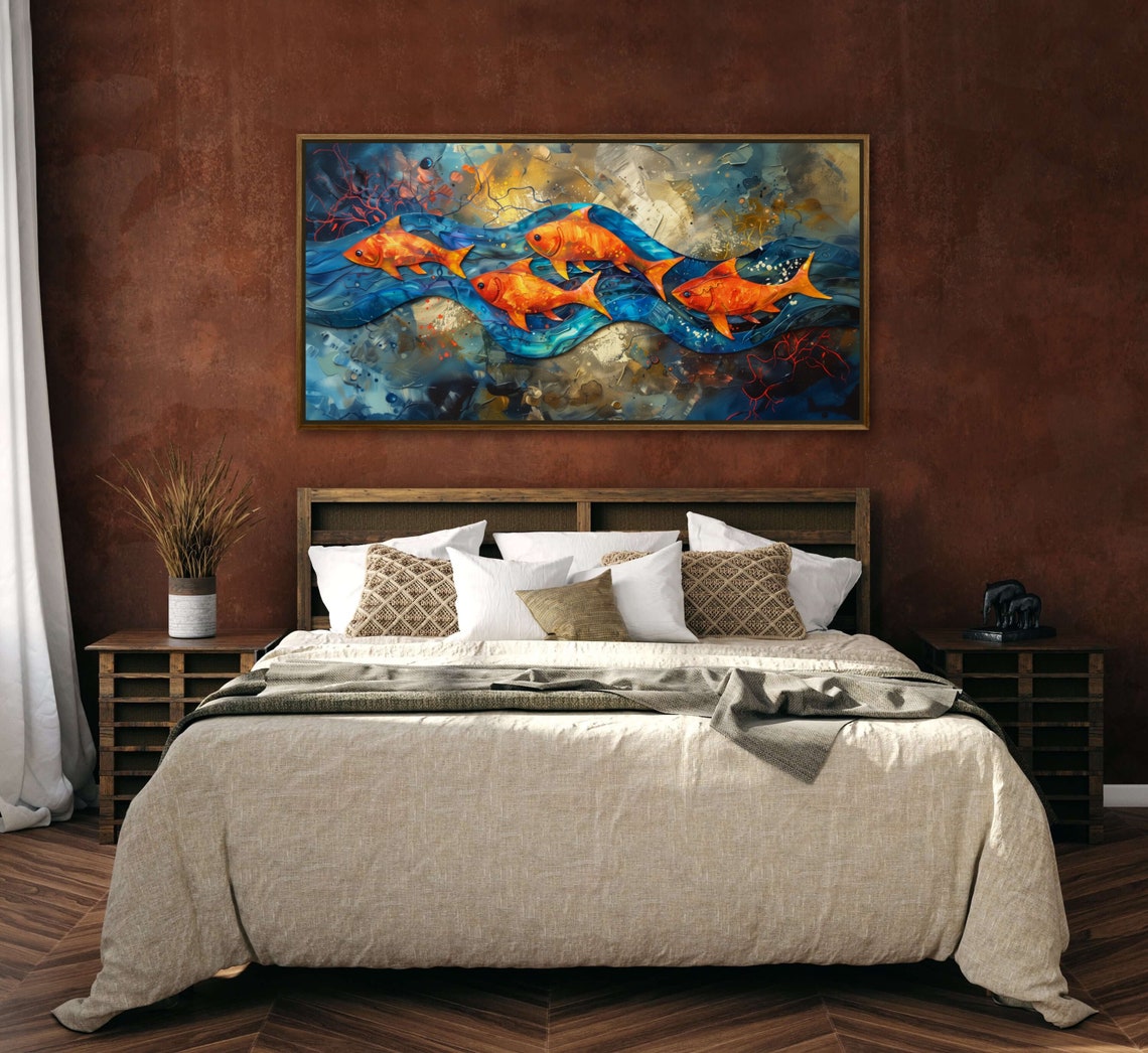 Vibrant Orange Koi Fish School Blue Water Panoramic Art Print - Image 4