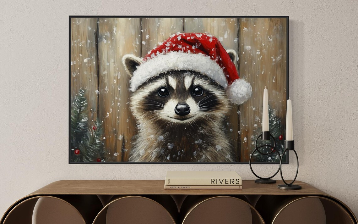 Cute Raccoon Santa Hat Snowy Woodland Christmas Wildlife Poster
