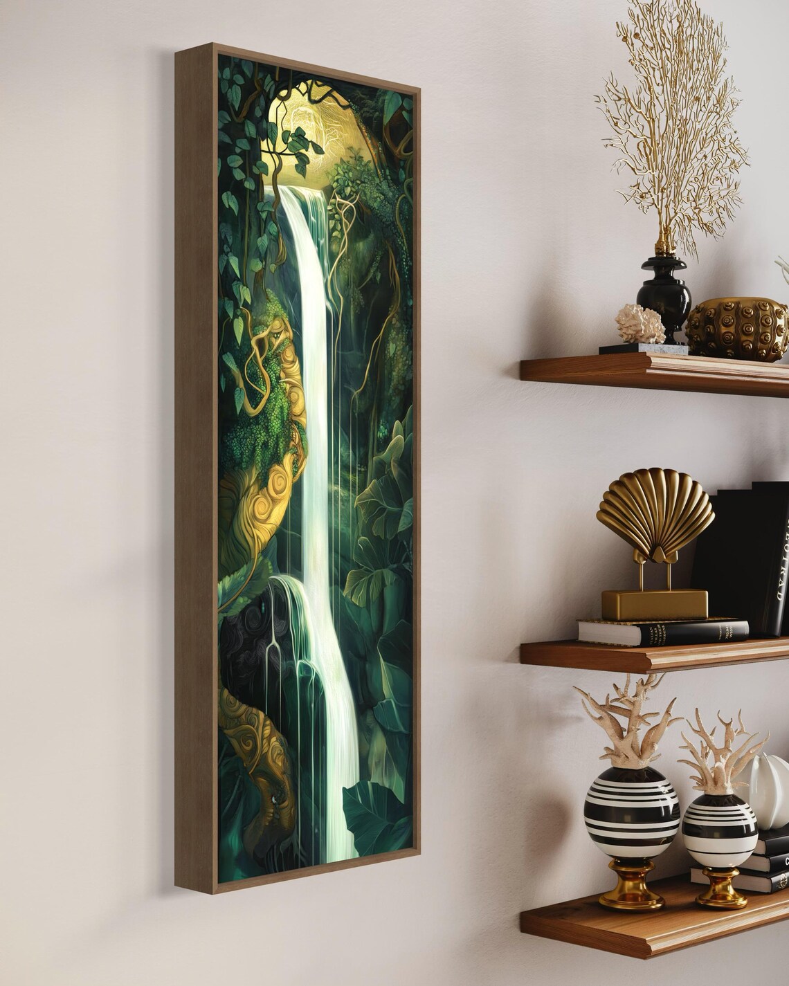 Lush Greenery Waterfall Art Print Enchanted Forest Scene Tall Vertical For Relaxing Narrow Wall Decor - Image 4