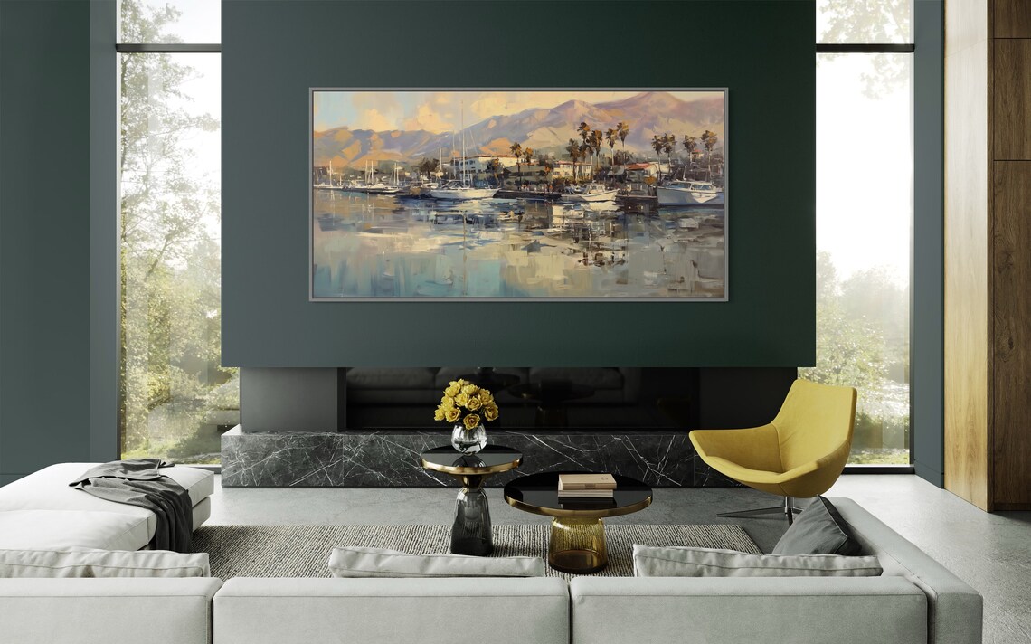 Serene Harbor Marina Sailboats Mountain Sunset Golden Water Print - Image 2