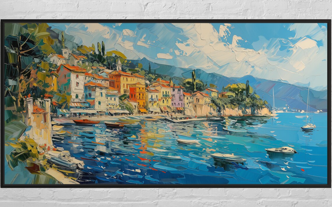 Italian Mediterranean Coastal Town Harbor Boats Blue Sea Travel Poster - Image 3