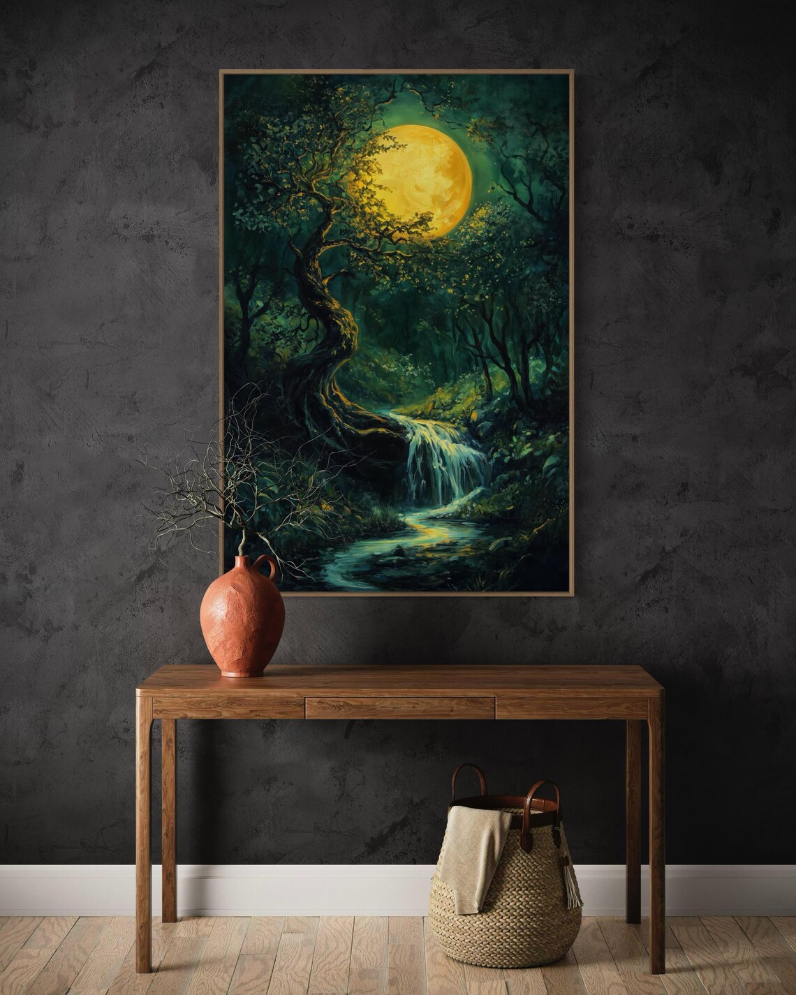 Enchanted Moonlit Forest Wall Art Mystical Full Moon Print With Waterfall Atmospheric Gothic Forest Art And Calming Night Sky Art - Image 4