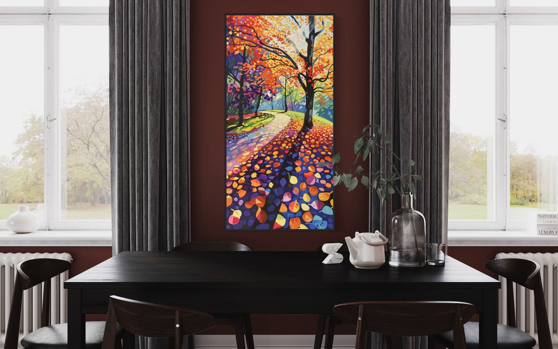 Enchanted Autumn Forest Path Colorful Falling Leaves Vertical Print - Image 2