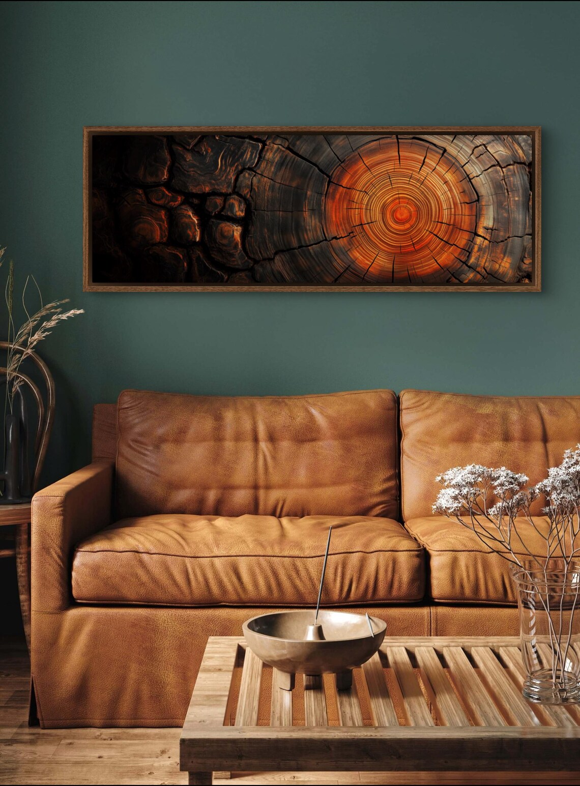 Earthy Tree Ring Panoramic Wall Art Abstract Nature Inspired Print For Above Bed Or Couch Decor Wood Texture And Tree Trunk Slice Art - Image 2
