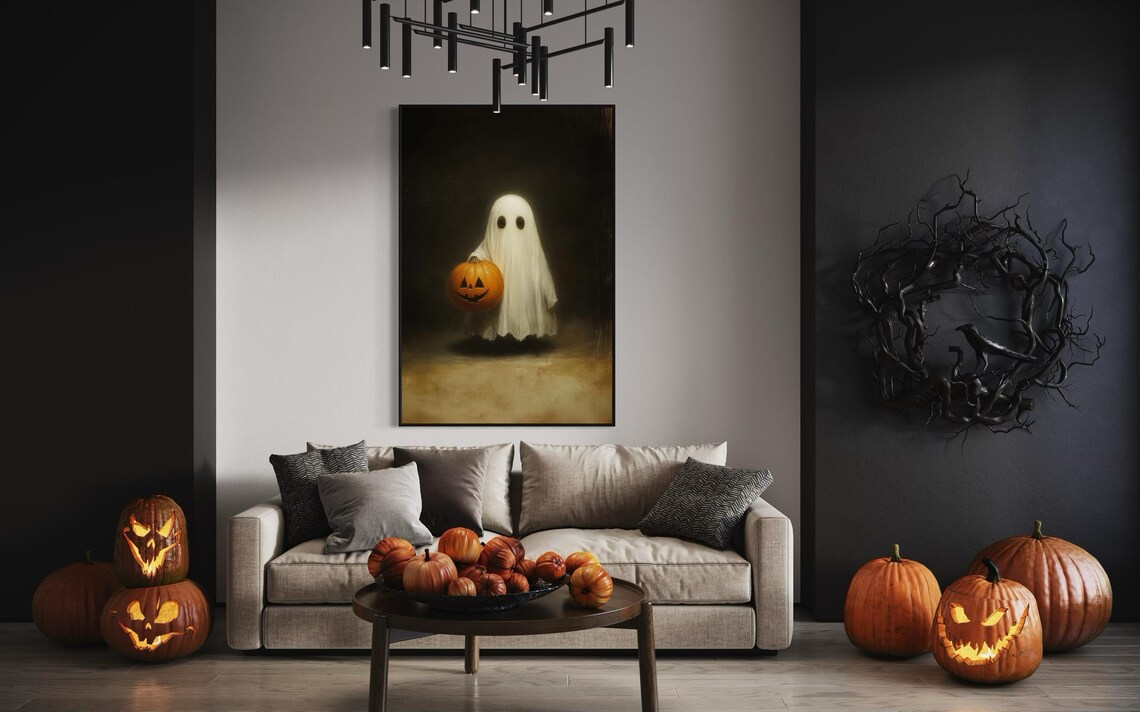 Creepy Ghost Halloween Art Print, Spooky Jack O Lantern - Image 2