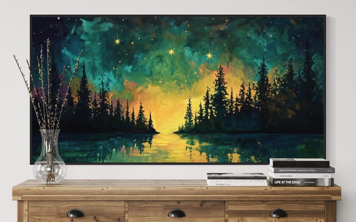 Starry Night Pine Forest Lake Aurora Colorful Night Sky Travel Poster - Image 5
