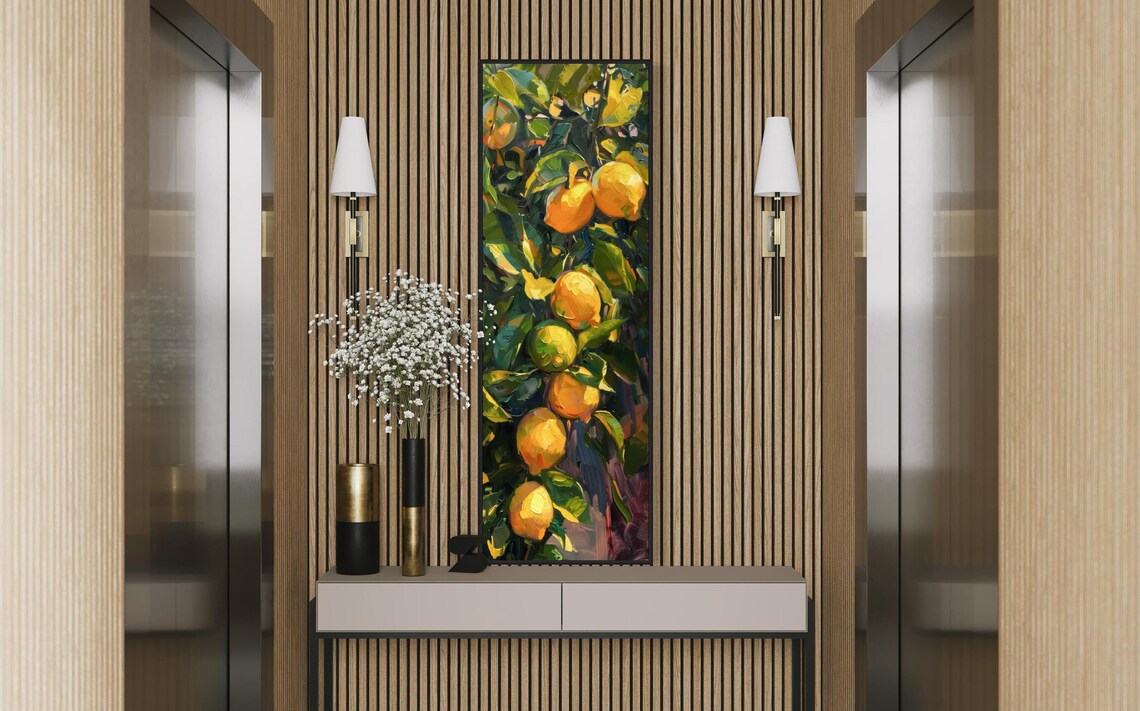 Vibrant Lemon Tree Tall Narrow Impressionist Lemon Wall Art Modern Vertical Fruit Print For Lemon Kitchen Decor - Image 3
