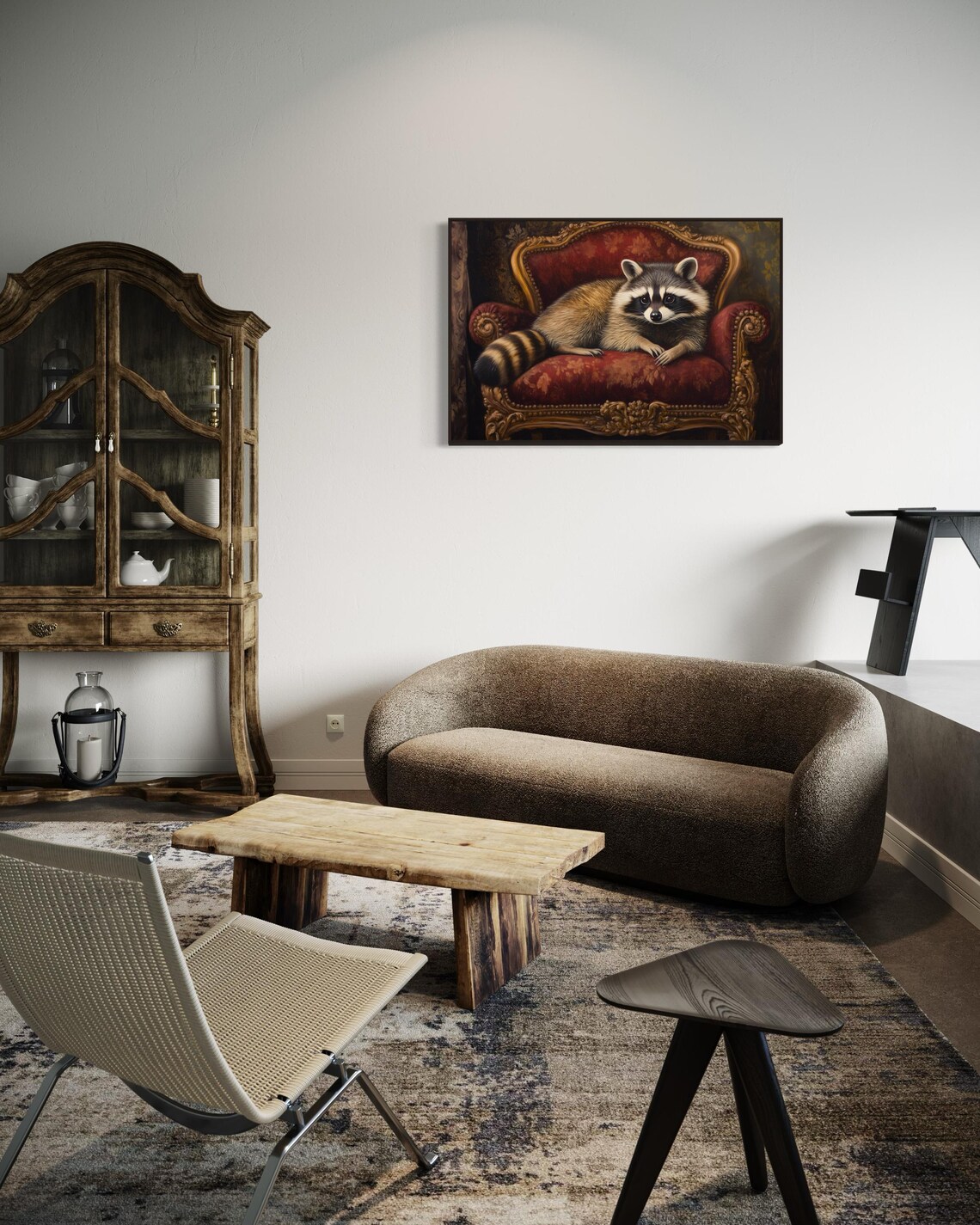Whimsical Raccoon Lounging Red Baroque Velvet Chair Cute Animal Wall Poster - Image 4