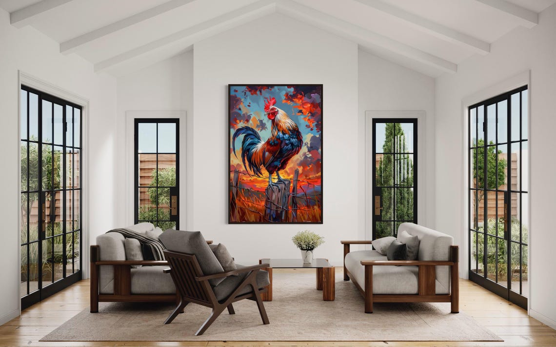 Eye Catching Rooster Painting Vibrant Rural Sunrise Animal Art Poster - Image 3