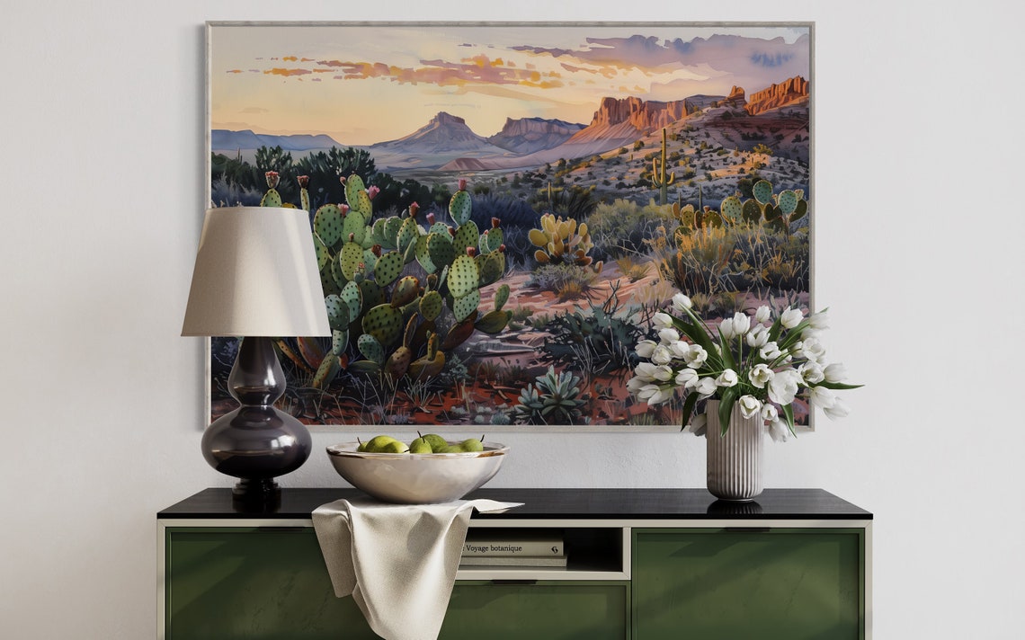 Rustic Arizona Sunset Desert Cactus Red Rock Mesa Landscape Poster
