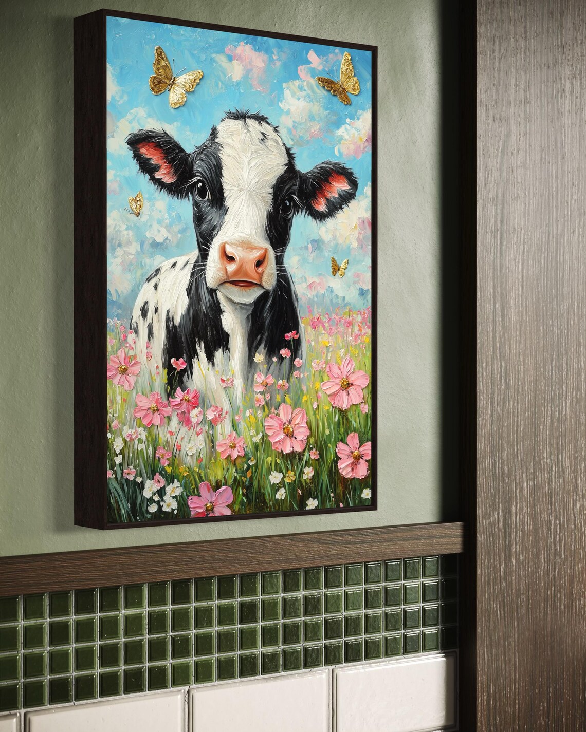Whimsical Calf Art Charming Cow Print With Pink Wildflowers And Golden Butterflies Farmhouse Decor For Nursery Or Girls Room - Image 2