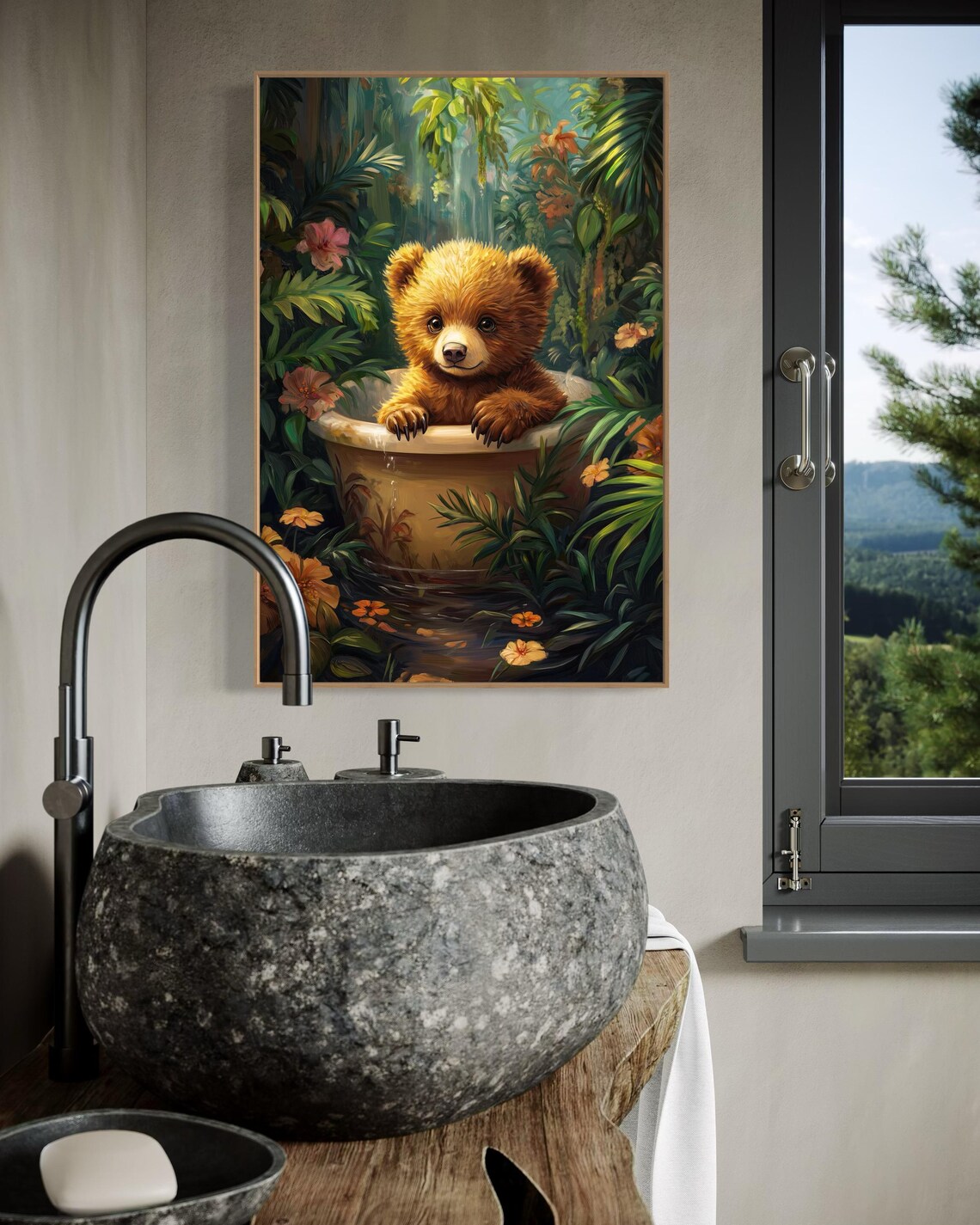 Baby Bear Cub Bath Time Tropical Jungle Flowers Whimsical Nursery Print - Image 2