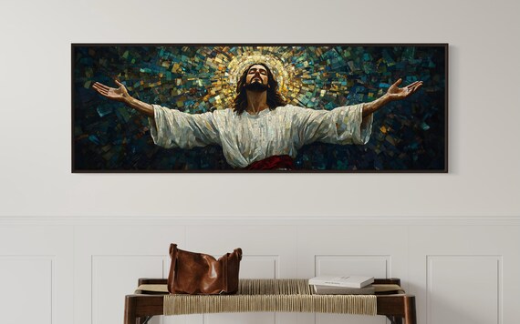 Jesus Christ Open Arms Mosaic Divine Golden Light Spiritual Faith Panoramic Print