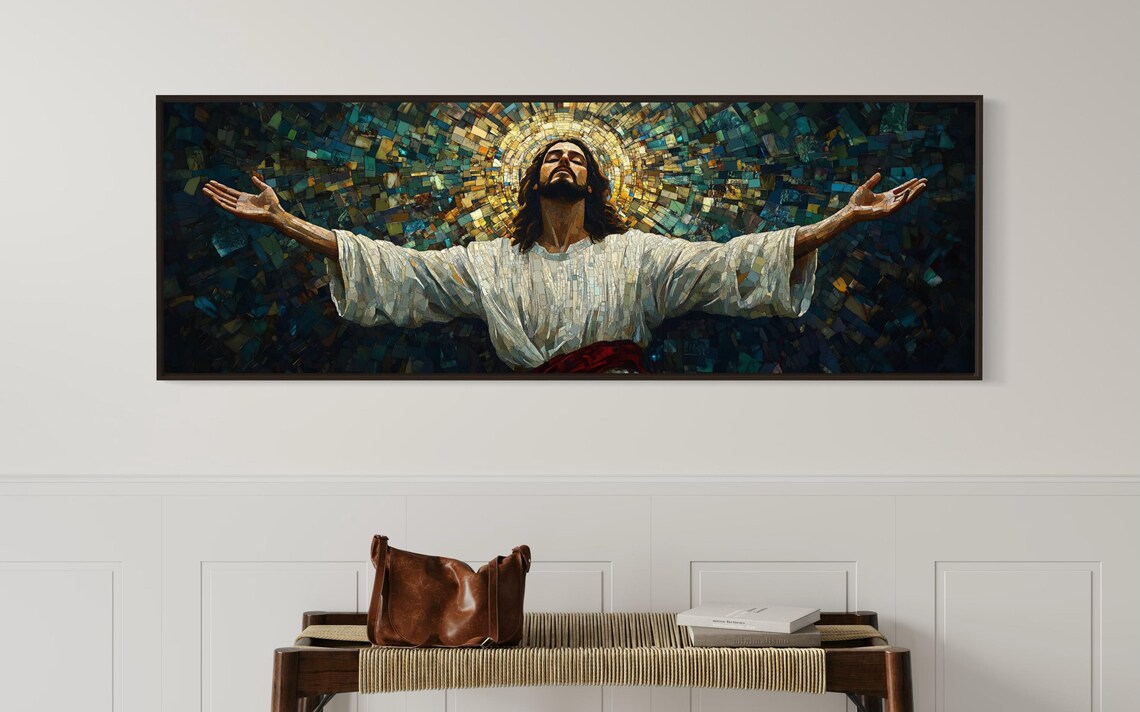 Jesus Christ Open Arms Mosaic Divine Golden Light Spiritual Faith Panoramic Print